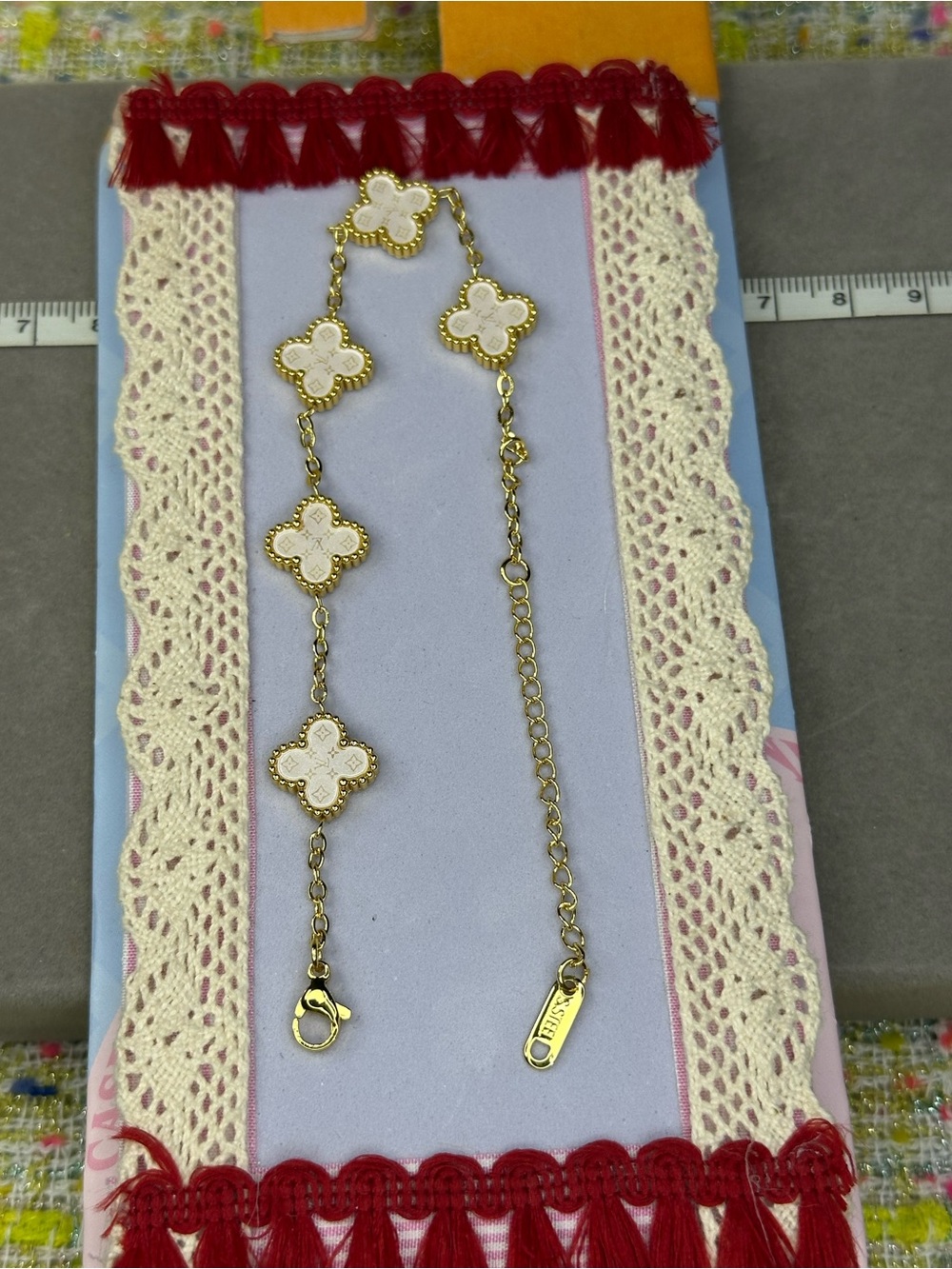 Gold and White Clover Link Bracelet - Women Jewelry